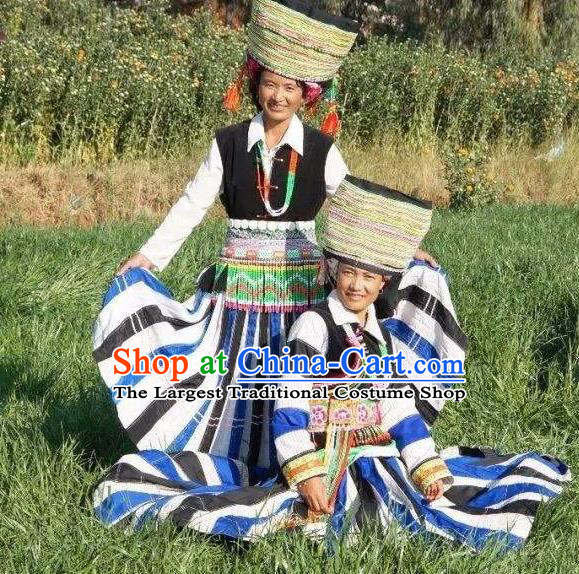 Chinese Yunnan Ethnic Dance Garment Costumes Pumi Nationality Clothing Minority Woman Festival Dress Uniforms and Hat