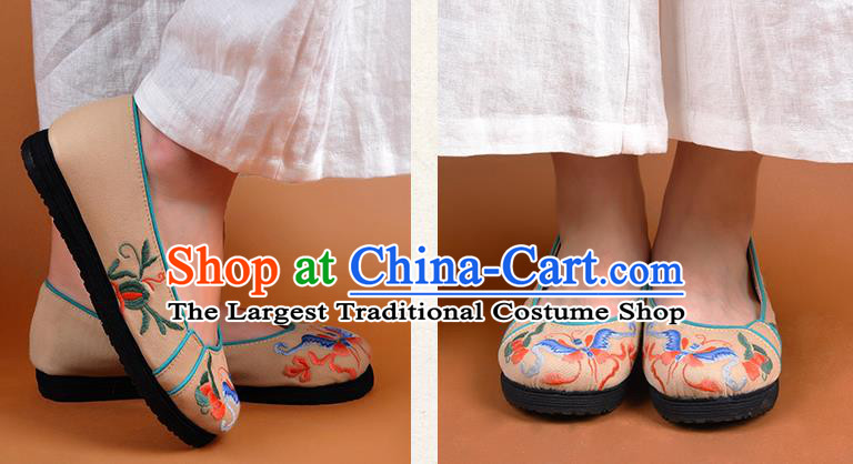 China Embroidered Butterfly Shoes Handmade Cloth Shoes Folk Dance Apricot Canvas Shoes National Woman Shoes