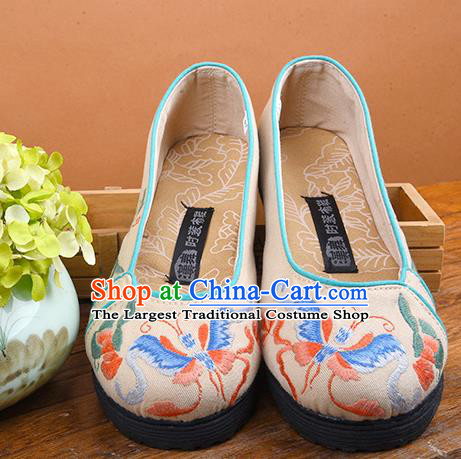 China Embroidered Butterfly Shoes Handmade Cloth Shoes Folk Dance Apricot Canvas Shoes National Woman Shoes