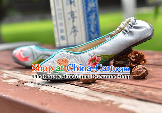 China Embroidered Lotus Fish Shoes Handmade Satin Shoes Woman Grey Brocade Shoes National Folk Dance Shoes