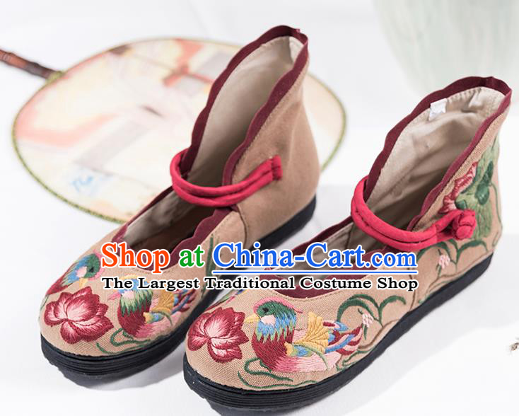 China National Female Shoes Embroidered Mandarin Duck Lotus Shoes Handmade Old Beijing Cloth Shoes Folk Dance Beige Canvas Shoes