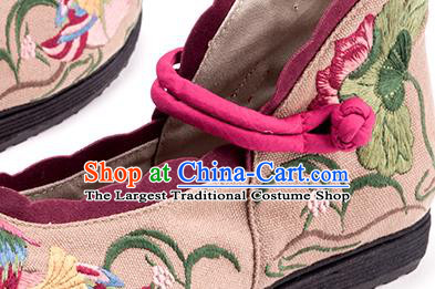 China National Female Shoes Embroidered Mandarin Duck Lotus Shoes Handmade Old Beijing Cloth Shoes Folk Dance Beige Canvas Shoes