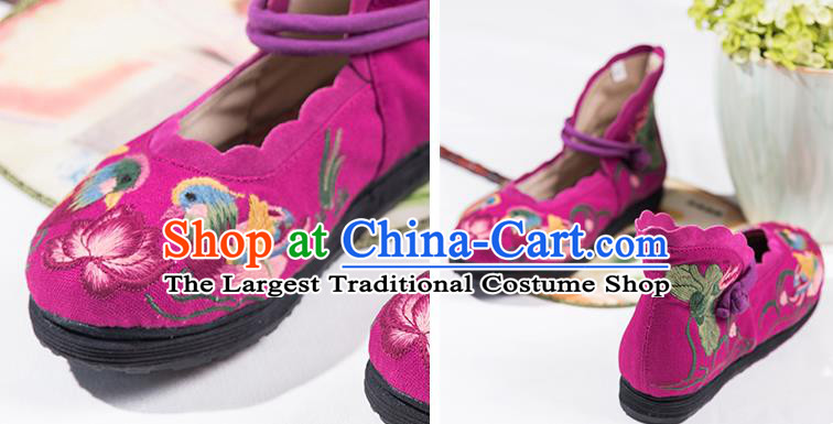 China Handmade Old Beijing Cloth Shoes Folk Dance Purple Canvas Shoes National Female Shoes Embroidered Mandarin Duck Lotus Shoes