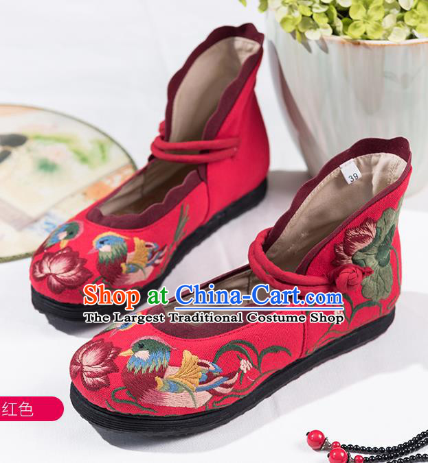 China Embroidered Mandarin Duck Lotus Shoes Handmade Old Beijing Cloth Shoes Folk Dance Red Canvas Shoes National Female Shoes
