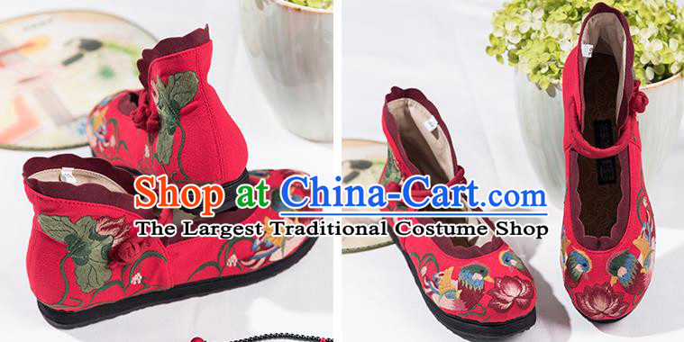 China Embroidered Mandarin Duck Lotus Shoes Handmade Old Beijing Cloth Shoes Folk Dance Red Canvas Shoes National Female Shoes