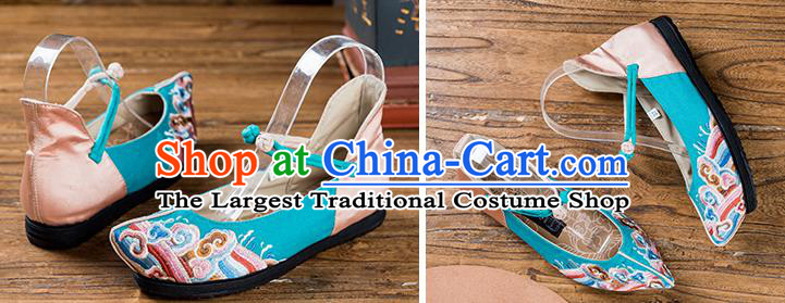 China Embroidered Blue Flax Shoes Handmade Woman Shoes Folk Dance Shoes National Old Beijing Cloth Shoes