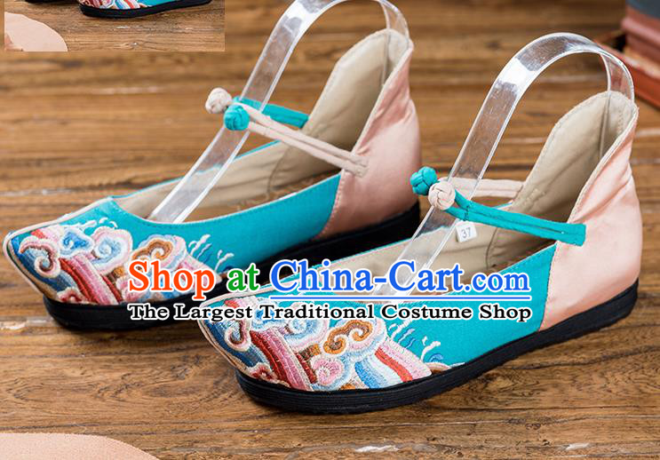 China Embroidered Blue Flax Shoes Handmade Woman Shoes Folk Dance Shoes National Old Beijing Cloth Shoes