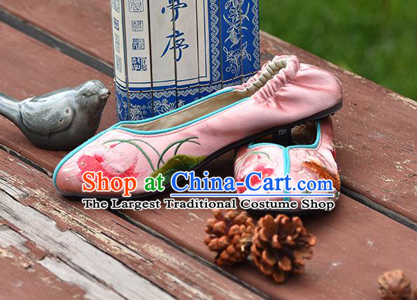 China National Folk Dance Shoes Embroidered Lotus Fish Shoes Handmade Satin Shoes Woman Pink Brocade Shoes