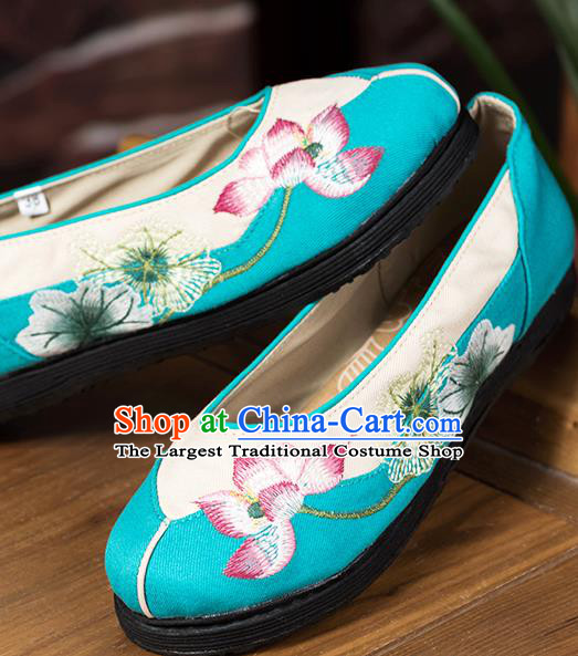China Woman Folk Dance Shoes National Cloth Shoes Embroidered Lotus Shoes Handmade Blue Canvas Shoes