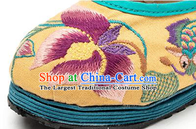 China Handmade Yellow Canvas Shoes Woman Folk Dance Shoes National Cloth Shoes Embroidered Lotus Shoes