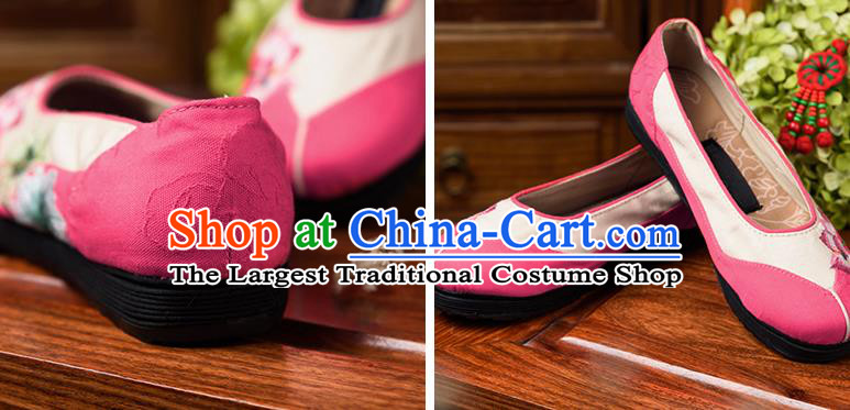 China Embroidered Lotus Shoes Handmade Pink Canvas Shoes Woman Folk Dance Shoes National Cloth Shoes