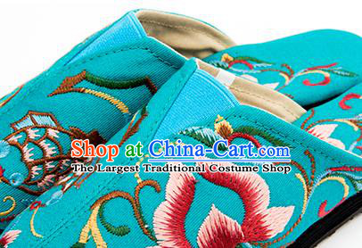 China National Blue Flax Sandals Embroidered Lotus Shoes Handmade Woman Cloth Shoes Folk Dance Shoes