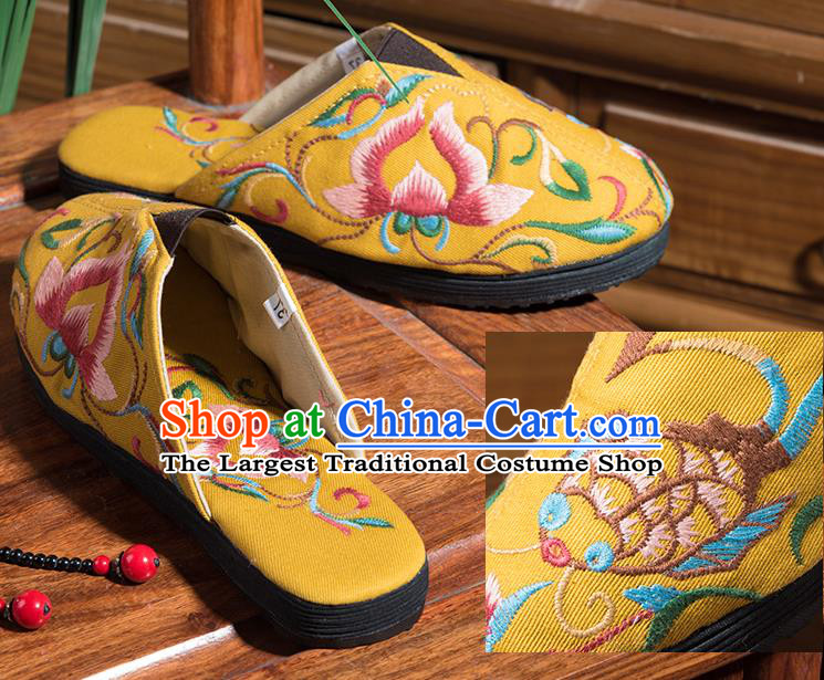 China Handmade Woman Cloth Shoes Folk Dance Shoes National Yellow Flax Sandals Embroidered Lotus Shoes