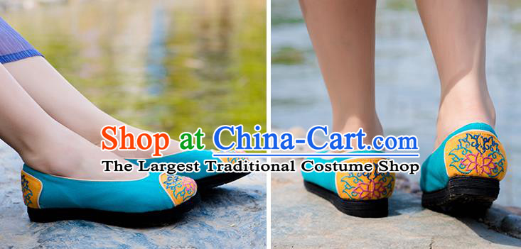China National Blue Flax Shoes Embroidered Shoes Handmade Woman Cloth Shoes Folk Dance Shoes