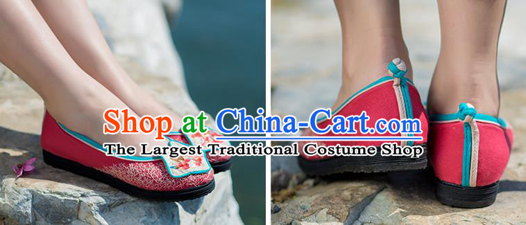 China Embroidered Bamboo Shoes Handmade Old Beijing Cloth Shoes Folk Dance Shoes National Woman Rosy Flax Shoes