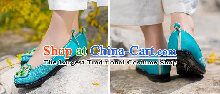 China National Woman Blue Flax Shoes Embroidered Bamboo Shoes Handmade Old Beijing Cloth Shoes Folk Dance Shoes