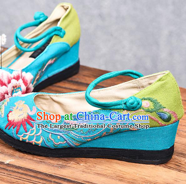 China Folk Dance Wedge Heel Shoes National Woman Cloth Shoes Embroidered Phoenix Peony Shoes Handmade Blue Canvas Shoes