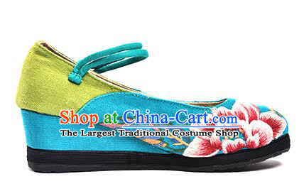 China Folk Dance Wedge Heel Shoes National Woman Cloth Shoes Embroidered Phoenix Peony Shoes Handmade Blue Canvas Shoes