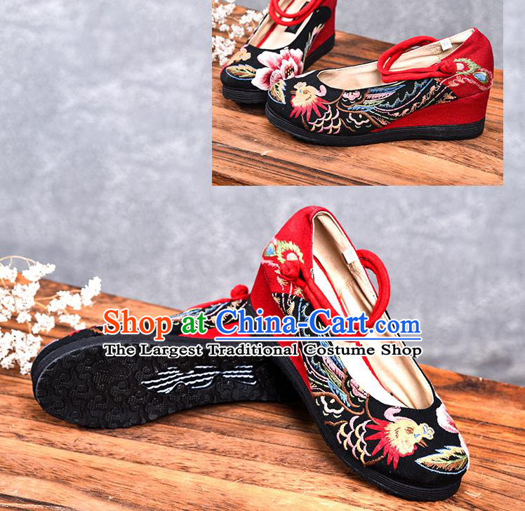 China Handmade Red Canvas Shoes Folk Dance Wedge Heel Shoes National Woman Cloth Shoes Embroidered Phoenix Peony Shoes