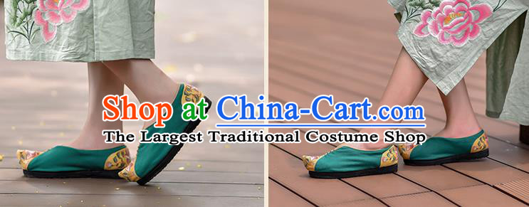 China Green Embroidered Shoes Handmade Canvas Shoes Folk Dance Shoes National Woman Cloth Shoes
