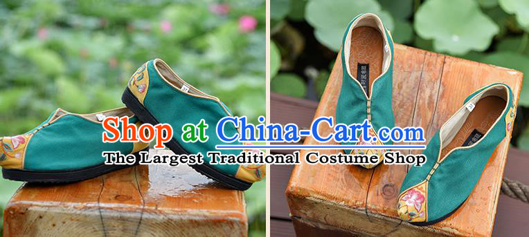 China Green Embroidered Shoes Handmade Canvas Shoes Folk Dance Shoes National Woman Cloth Shoes