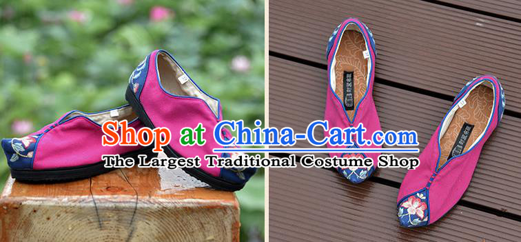 China Folk Dance Shoes National Woman Cloth Shoes Magenta Embroidered Shoes Handmade Canvas Shoes