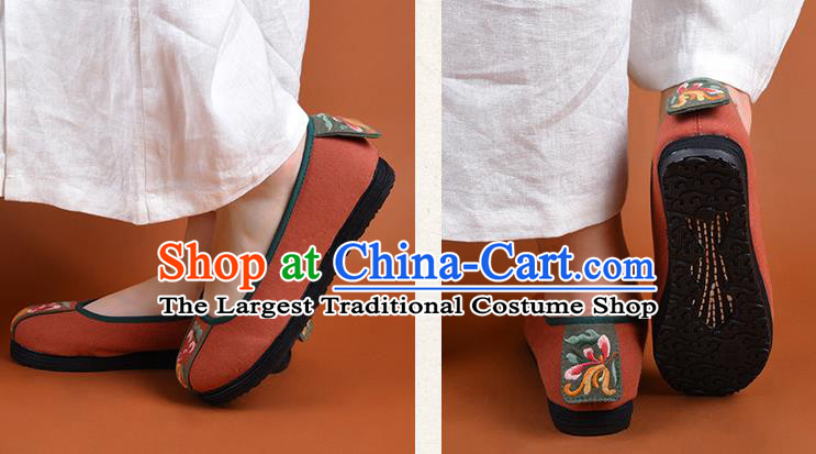 China National Folk Dance Shoes Kung Fu Embroidered Shoes Handmade Cloth Shoes Woman Orange Canvas Shoes
