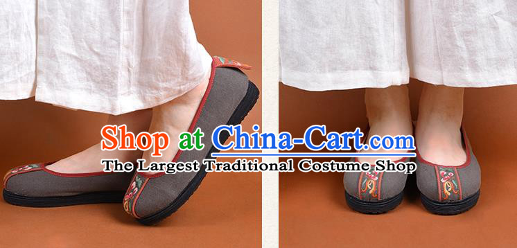 China Woman Grey Canvas Shoes National Folk Dance Shoes Kung Fu Embroidered Shoes Handmade Cloth Shoes