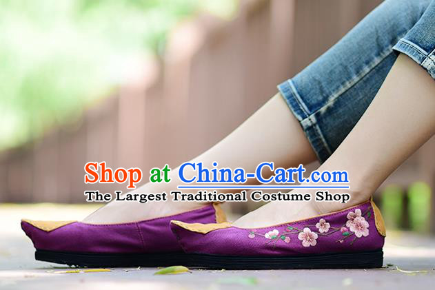 China Folk Dance Shoes National Woman Canvas Shoes Traditional Embroidered Peach Blossom Shoes Handmade Purple Cloth Shoes