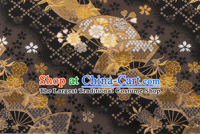 Japanese Kimono Black Brocade Nishijin Tapestry Satin Classical Sakura Fan Pattern Damask Traditional Cloth Fabric
