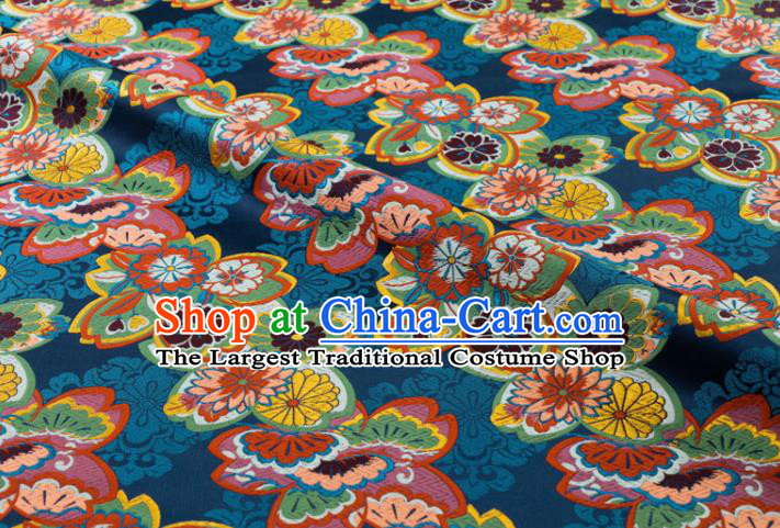 Japanese Classical Sakura Pattern Damask Traditional Cloth Fabric Kimono Blue Brocade Nishijin Tapestry Satin