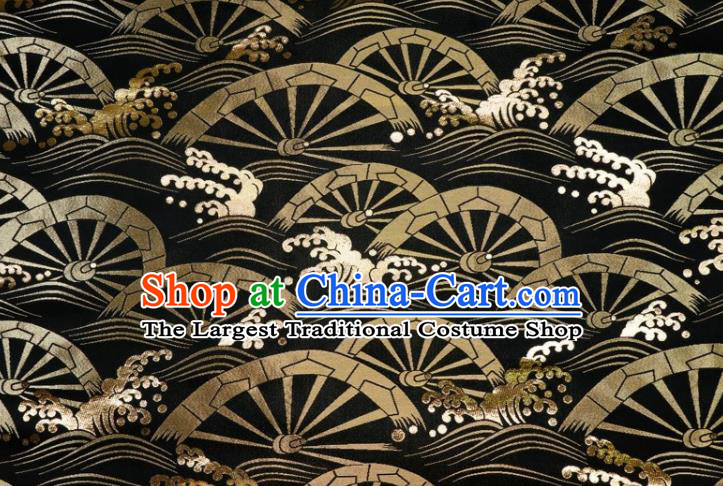 Japanese Classical Wheel Pattern Damask Traditional Kimono Cloth Fabric Black Brocade Nishijin Tapestry Satin