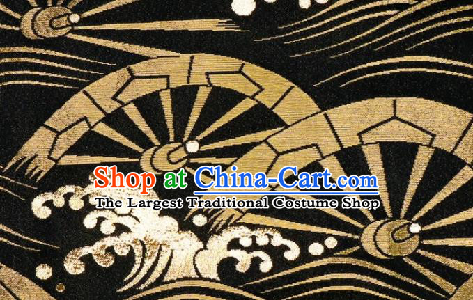 Japanese Classical Wheel Pattern Damask Traditional Kimono Cloth Fabric Black Brocade Nishijin Tapestry Satin