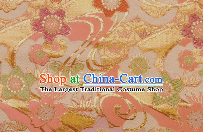 Japanese Traditional Kimono Satin Cloth Pink Brocade Fabric Nishijin Tapestry Classical Sakura Bamboo Pattern Damask