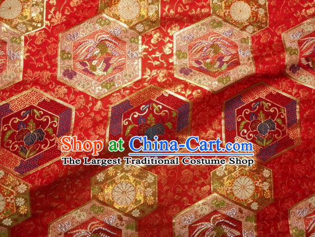 Japanese Kimono Satin Cloth Nishijin Tapestry Classical Damask Traditional Phoenix Pattern Red Brocade Fabric