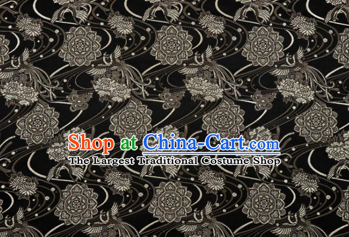 Japanese Kimono Satin Cloth Nishijin Tapestry Fabric Classical Damask Drapery Traditional Phoenix Pattern Black Brocade