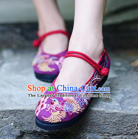 China Handmade Purple Canvas Shoes Woman Folk Dance Shoes National Cloth Shoes Traditional Embroidered Phoenix Peony Shoes