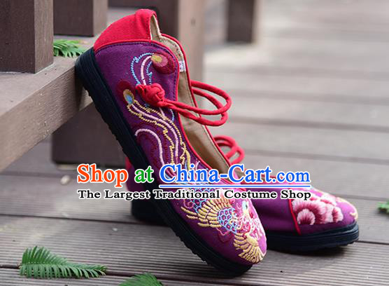 China Handmade Purple Canvas Shoes Woman Folk Dance Shoes National Cloth Shoes Traditional Embroidered Phoenix Peony Shoes
