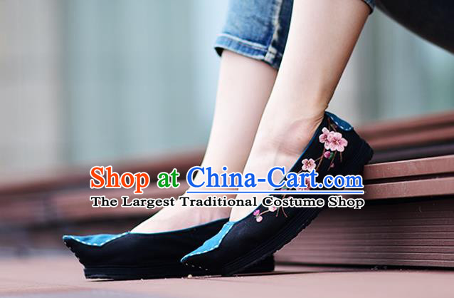 China National Woman Canvas Shoes Traditional Embroidered Peach Blossom Shoes Handmade Black Cloth Shoes Folk Dance Shoes