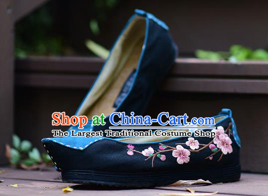 China National Woman Canvas Shoes Traditional Embroidered Peach Blossom Shoes Handmade Black Cloth Shoes Folk Dance Shoes