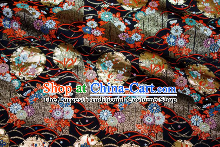 Japanese Classical Nishijin Tapestry Royal Plum Blossom Pattern Black Brocade Fabric Kimono Satin Cloth Traditional Damask Drapery