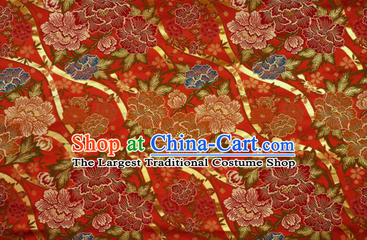 Japanese Royal Peony Pattern Red Brocade Fabric Kimono Satin Cloth Traditional Nishijin Tapestry Classical Damask Drapery