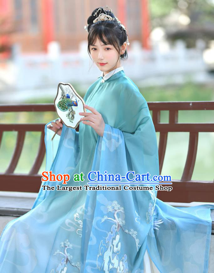 China Traditional Antique Garments Ming Dynasty Noble Lady Historical Clothing Ancient Patrician Woman Blue Hanfu Dress