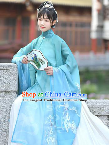 China Traditional Antique Garments Ming Dynasty Noble Lady Historical Clothing Ancient Patrician Woman Blue Hanfu Dress