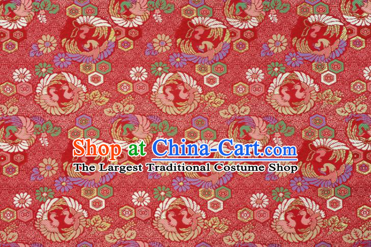 Japanese Kimono Satin Cloth Traditional Damask Drapery Classical Nishijin Tapestry Fabric Royal Phoenix Pattern Red Brocade