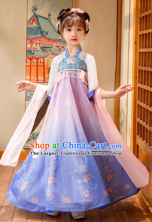Chinese Traditional Blue Hanfu Dress Girl Princess Garments Children Classical Dance Performance Clothing