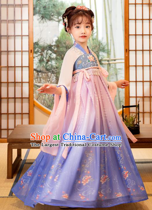 Chinese Traditional Blue Hanfu Dress Girl Princess Garments Children Classical Dance Performance Clothing