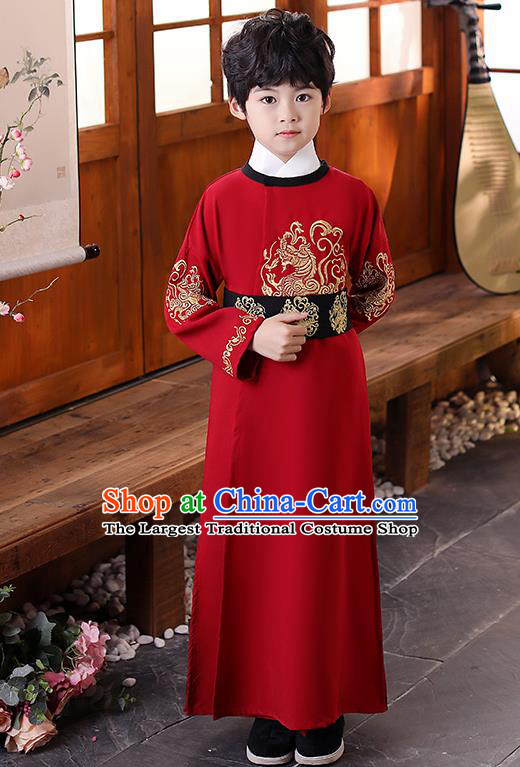 China Traditional Stage Performance Clothing Boys Classical Dance Garment Costume Ancient Tang Dynasty Scholar Red Robe