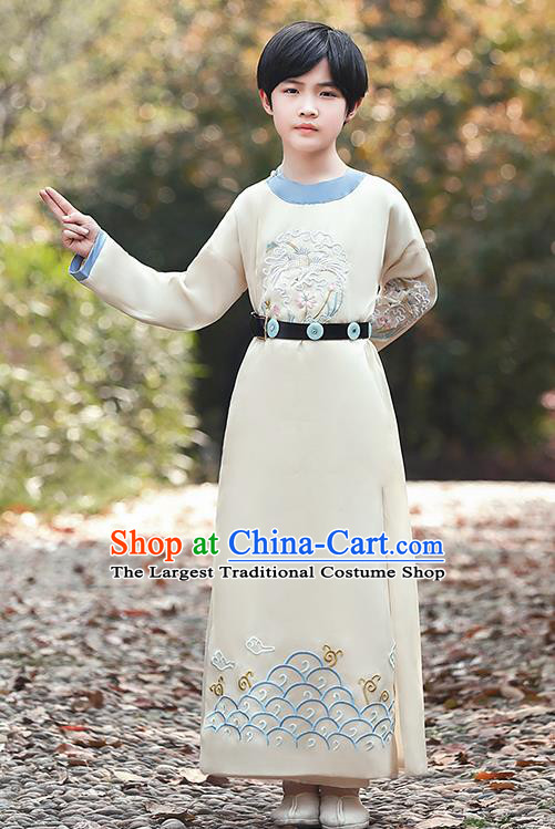China Ancient Boys Knight Garment Costume Tang Dynasty Swordsman Embroidered Beige Robe Traditional Dance Performance Clothing