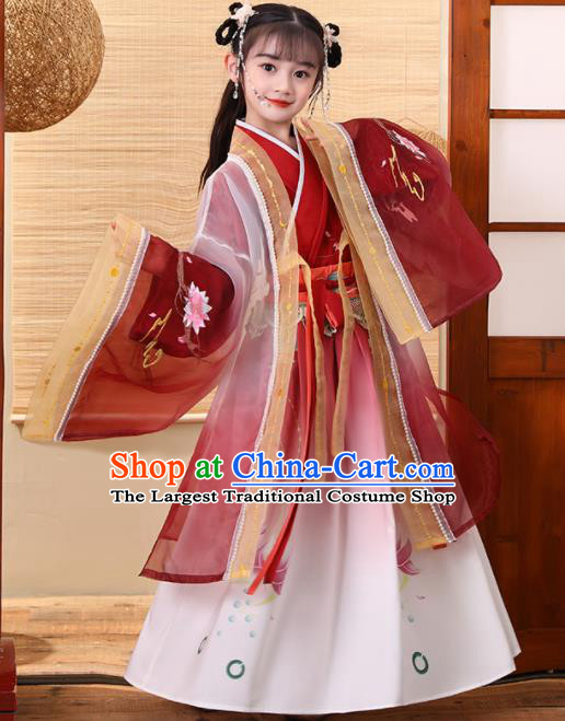 Chinese Ancient Girl Princess Garments Classical Dance Clothing Traditional Children Performance Red Hanfu Dress